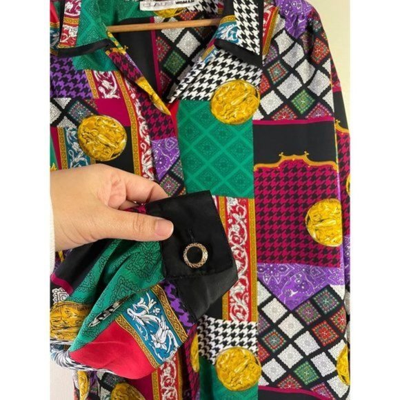 CHAUS Woman Plus Size Bold Geometric Multi Prints Button Blouse - Picture 4 of 6